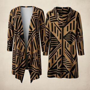 Cupio XL Duster Cardigan Tan Black Geometric Knit Hooded Draped Long Sweater EUC